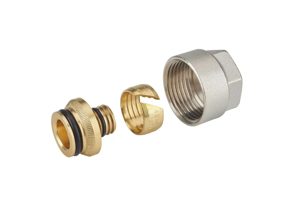 Verschraubung aus Metallteilen, bestehend aus einem Anschluss mit O-Ring und einem rohrseitigen Gewinde. Hersteller ist Fränkische.